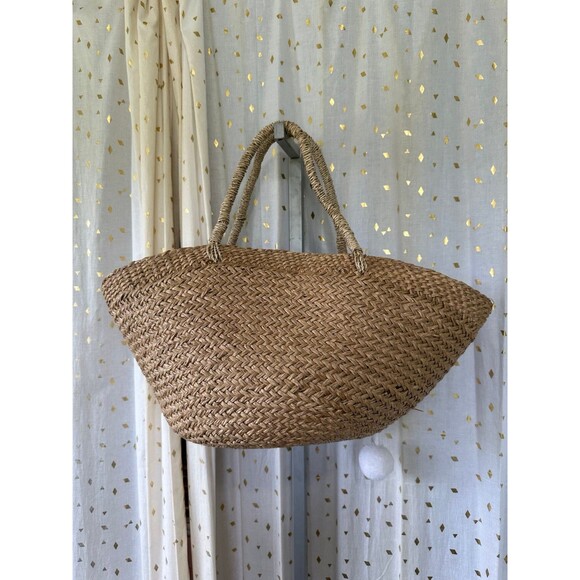 Simply Sisters Hilo Hawaii Straw Basket Canvas Drawstring Lining Tote Bag - Picture 3 of 6